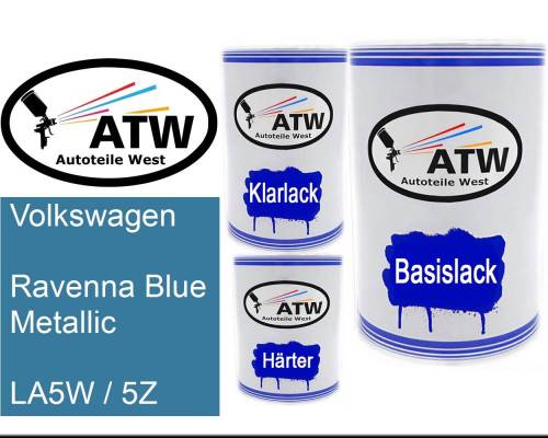 Volkswagen, Ravenna Blue Metallic, LA5W / 5Z: 500ml Lackdose + 500ml Klarlack + 250ml Härter - Set, von ATW Autoteile West.